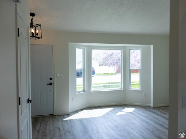foyer featuring a wealth of natural light, an inviting chandelier, light wood-style floors, and a textured ceiling