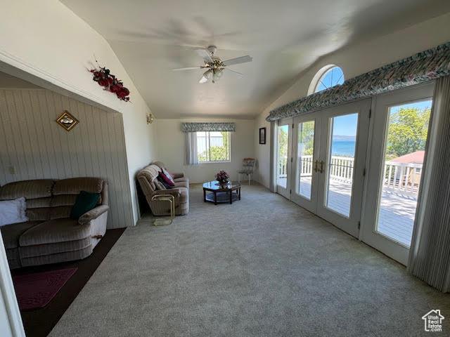 1640 S Bear Lake Blvd, Garden City, UT 84028 - sitting room with vaulted ceiling, carpet, ceiling fan, and french doors