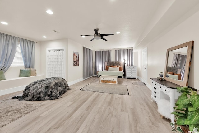 1141 S Waterside Dr, Saratoga Springs, UT 84045 - bedroom with recessed lighting, light wood-style floors, baseboards, and a ceiling fan