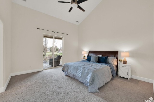 1141 S Waterside Dr, Saratoga Springs, UT 84045 - bedroom with access to outside, baseboards, carpet flooring, ceiling fan, and high vaulted ceiling
