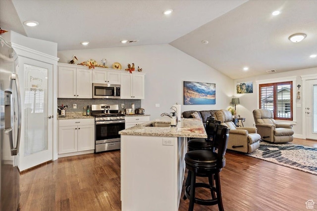 kitchen featuring open floor plan, a sink, dark wood finished floors, and stainless steel appliances