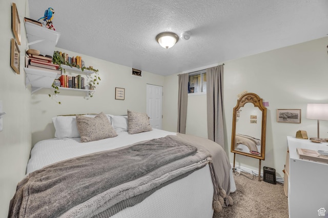 bedroom featuring a textured ceiling, baseboards, and carpet floors