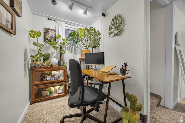office featuring track lighting, baseboards, and carpet
