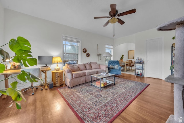 living area featuring a ceiling fan and wood finished floors
