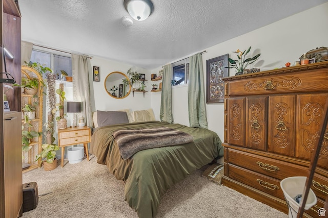 carpeted bedroom with multiple windows and a textured ceiling