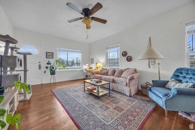 living room with a textured ceiling, baseboards, a ceiling fan, and wood finished floors