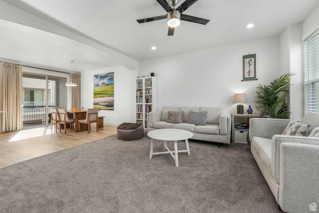 11407 S Oswego Ln, South Jordan, UT 84009 - living area featuring wood finished floors, a ceiling fan, carpet, and recessed lighting