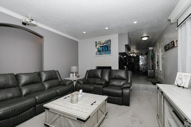 95 S 200 W, Lewiston, UT 84320 - living room with light carpet, recessed lighting, arched walkways, and a textured ceiling