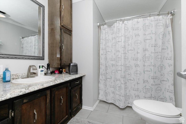 95 S 200 W, Lewiston, UT 84320 - full bathroom with a shower with shower curtain, vanity, ornamental molding, tile patterned floors, and toilet