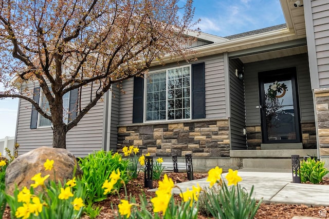 view of exterior entry featuring stone siding