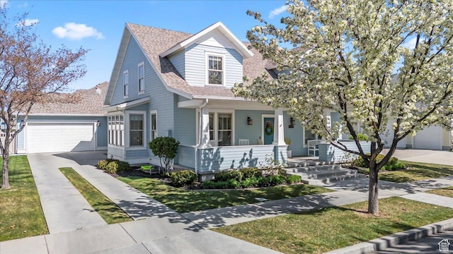 view of front of property with concrete driveway, an attached garage, a front yard, a shingled roof, and covered porch