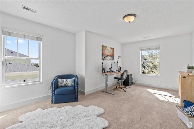 carpeted home office with visible vents, baseboards, and a textured ceiling