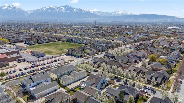 drone / aerial view featuring a mountain view and a residential view