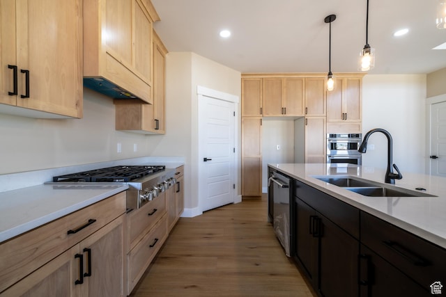 2899 E Lake Dr, Eagle Mountain, UT 84005 - kitchen with light brown cabinets, a sink, and appliances with stainless steel finishes