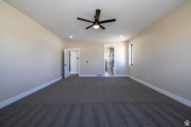 2899 E Lake Dr, Eagle Mountain, UT 84005 - empty room featuring ceiling fan, dark carpet, visible vents, recessed lighting, and baseboards
