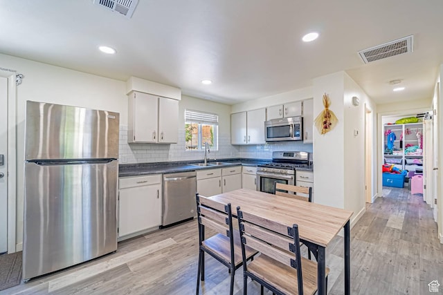 524 Westwood Ave, Moab, UT 84532 - kitchen featuring stainless steel appliances, visible vents, light wood-type flooring, and dark countertops