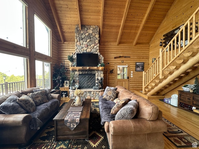 1741 S Red Canyon Dr, Parowan, UT 84761 - living room featuring wooden ceiling, rustic walls, beam ceiling, wood finished floors, and high vaulted ceiling