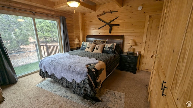 1741 S Red Canyon Dr, Parowan, UT 84761 - bedroom featuring access to outside, wood walls, beamed ceiling, and carpet