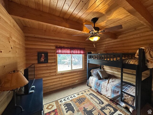 1741 S Red Canyon Dr, Parowan, UT 84761 - bedroom featuring beam ceiling, log walls, wooden ceiling, and visible vents