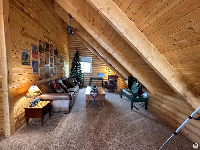 1741 S Red Canyon Dr, Parowan, UT 84761 - carpeted living room with rustic walls, wooden ceiling, and lofted ceiling with beams