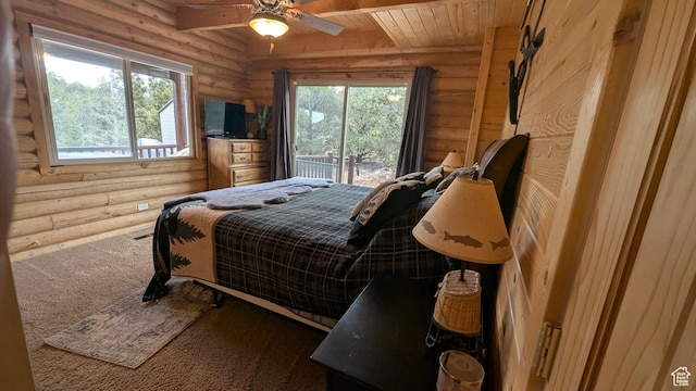 1741 S Red Canyon Dr, Parowan, UT 84761 - carpeted bedroom with log walls, wooden ceiling, and ceiling fan