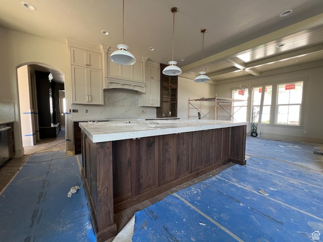 177 E 475 S, Mantua, UT 84324 - kitchen with decorative backsplash, recessed lighting, arched walkways, white cabinetry, and a spacious island