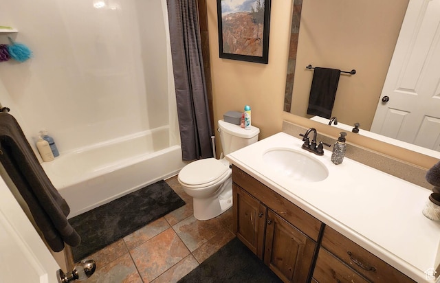 6723 W Hunter Farm Cir S, West Valley City, UT 84128 - full bathroom featuring toilet, shower / bathtub combination with curtain, vanity, and stone finish floors