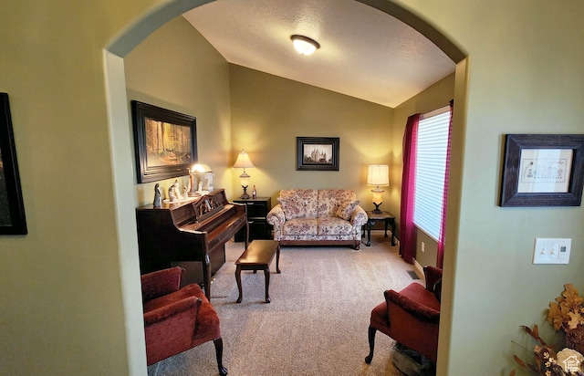 6723 W Hunter Farm Cir S, West Valley City, UT 84128 - carpeted living area with arched walkways and vaulted ceiling