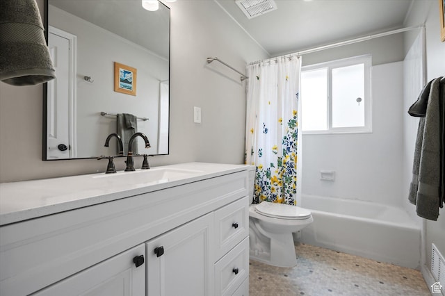 1308 Gilman Dr, Layton, UT 84040 - bathroom featuring toilet, vanity, visible vents, and shower / bathtub combination with curtain