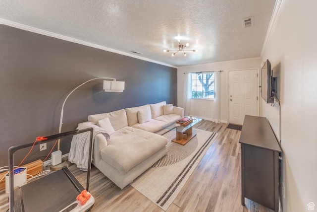 living area featuring light wood finished floors, visible vents, a textured ceiling, and ornamental molding