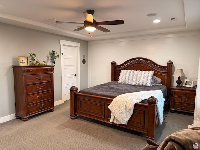bedroom with recessed lighting, baseboards, a ceiling fan, and carpet floors