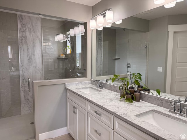 bathroom with a sink, double vanity, and a stall shower