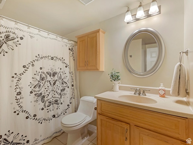 bathroom with tile patterned floors, toilet, visible vents, curtained shower, and vanity