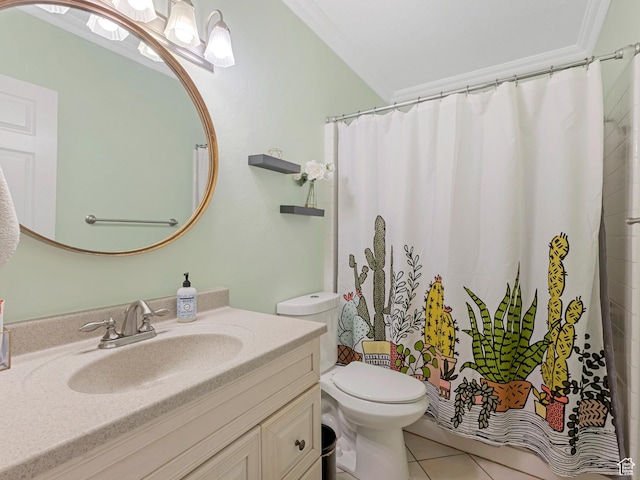 full bathroom featuring curtained shower, tile patterned flooring, toilet, vanity, and ornamental molding
