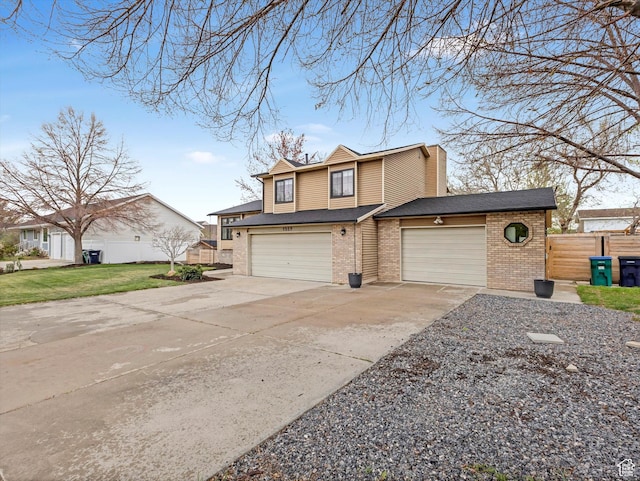 view of front of home with fence, a shingled roof, concrete driveway, an attached garage, and brick siding