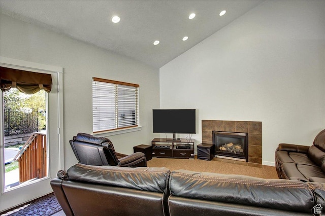 10716 N Hayes Cir, Cedar Hills, UT 84062 - living room with recessed lighting, baseboards, high vaulted ceiling, and a fireplace