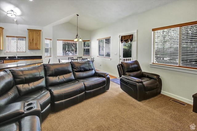 10716 N Hayes Cir, Cedar Hills, UT 84062 - living area with carpet floors, baseboards, lofted ceiling, and visible vents