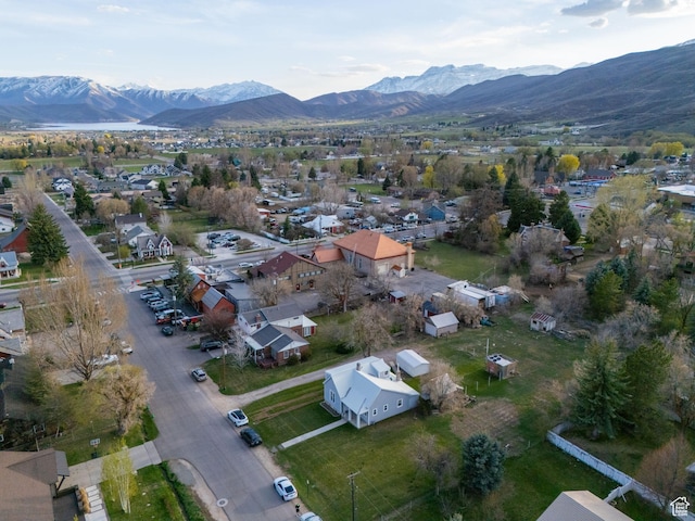 aerial view featuring a mountain view and a residential view