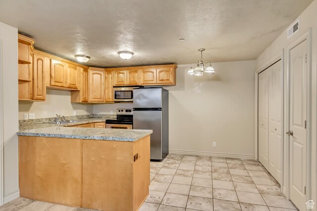 289 S 1000 W Unit 201, Pleasant Grove, UT 84062 - kitchen featuring a peninsula, visible vents, a chandelier, open shelves, and appliances with stainless steel finishes