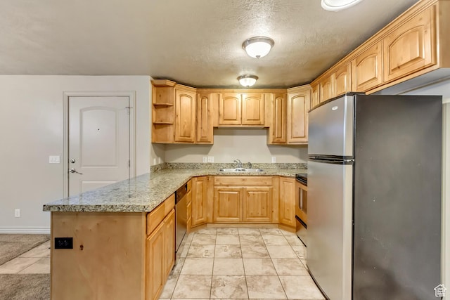 289 S 1000 W Unit 201, Pleasant Grove, UT 84062 - kitchen with stainless steel appliances, a peninsula, a sink, open shelves, and light stone countertops