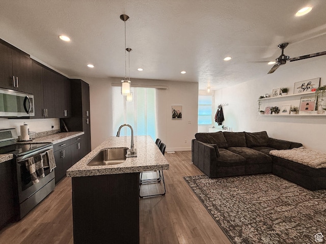 kitchen with dark wood-style floors, stainless steel appliances, a sink, a center island with sink, and ceiling fan