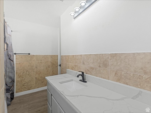 bathroom with a wainscoted wall, wood finished floors, and vanity