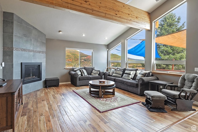 living area with lofted ceiling, plenty of natural light, and wood-type flooring