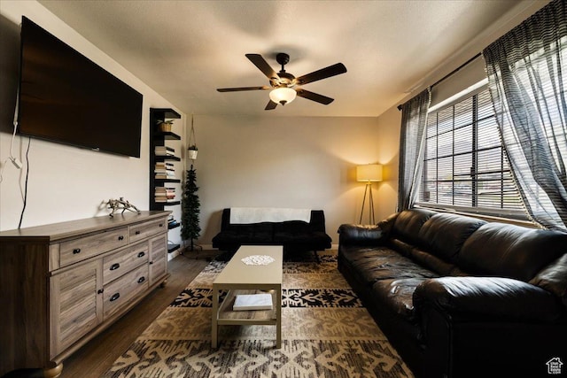 781 N 950 W, Orem, UT 84057 - living room with baseboards, dark wood-style floors, and ceiling fan