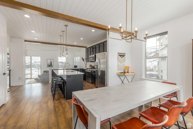 1052 W Cattail Ct Unit E1, Kamas, UT 84036 - dining room with beamed ceiling, an inviting chandelier, dark wood-style floors, and recessed lighting