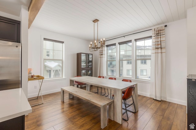1052 W Cattail Ct Unit E1, Kamas, UT 84036 - dining area featuring wood ceiling, baseboards, an inviting chandelier, and wood-type flooring