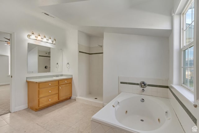 full bathroom with a tub with jets, vanity, visible vents, and a walk in shower