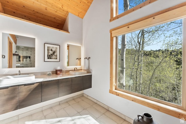10351 N Kimball Canyon Rd Unit 14, Park City, UT 84098 - full bathroom with high vaulted ceiling, double vanity, wood ceiling, and a sink