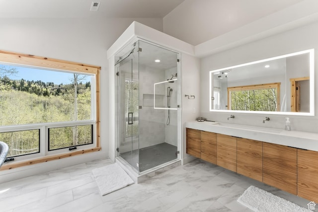 10351 N Kimball Canyon Rd Unit 14, Park City, UT 84098 - bathroom with vanity, marble finish floor, a stall shower, and visible vents