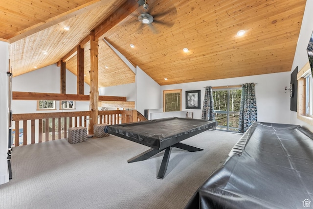 10351 N Kimball Canyon Rd Unit 14, Park City, UT 84098 - recreation room with recessed lighting, ceiling fan, billiards, wood ceiling, and carpet floors